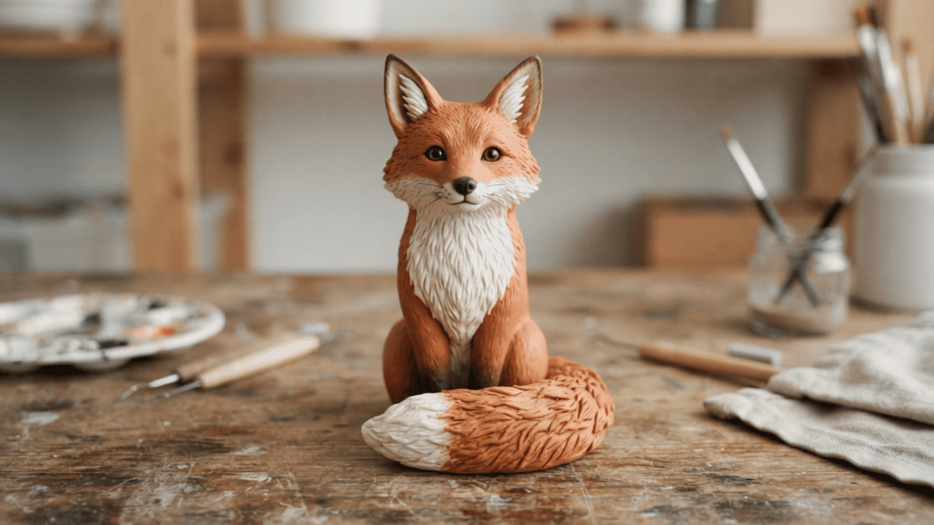 handmade clay fox sculpture with orange fur, white chest, and curled tail on an artist workspace
