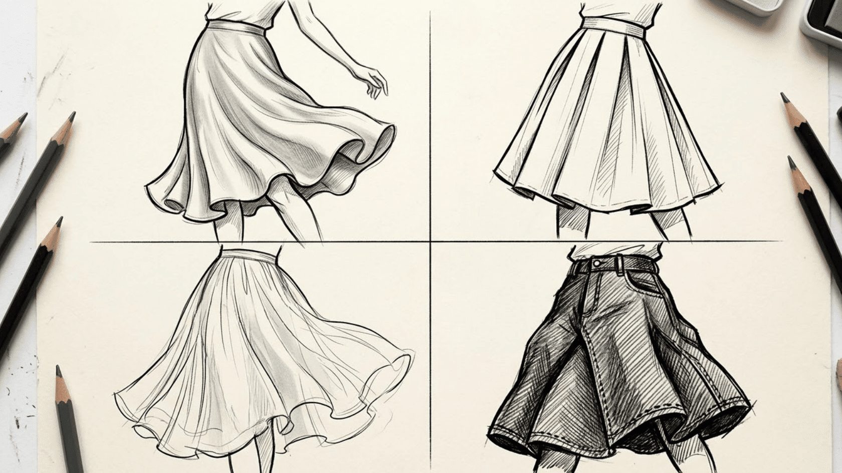 sketches of four different skirts showing how various fabrics drape, fold, and move, with pencils arranged around the drawing sheet
