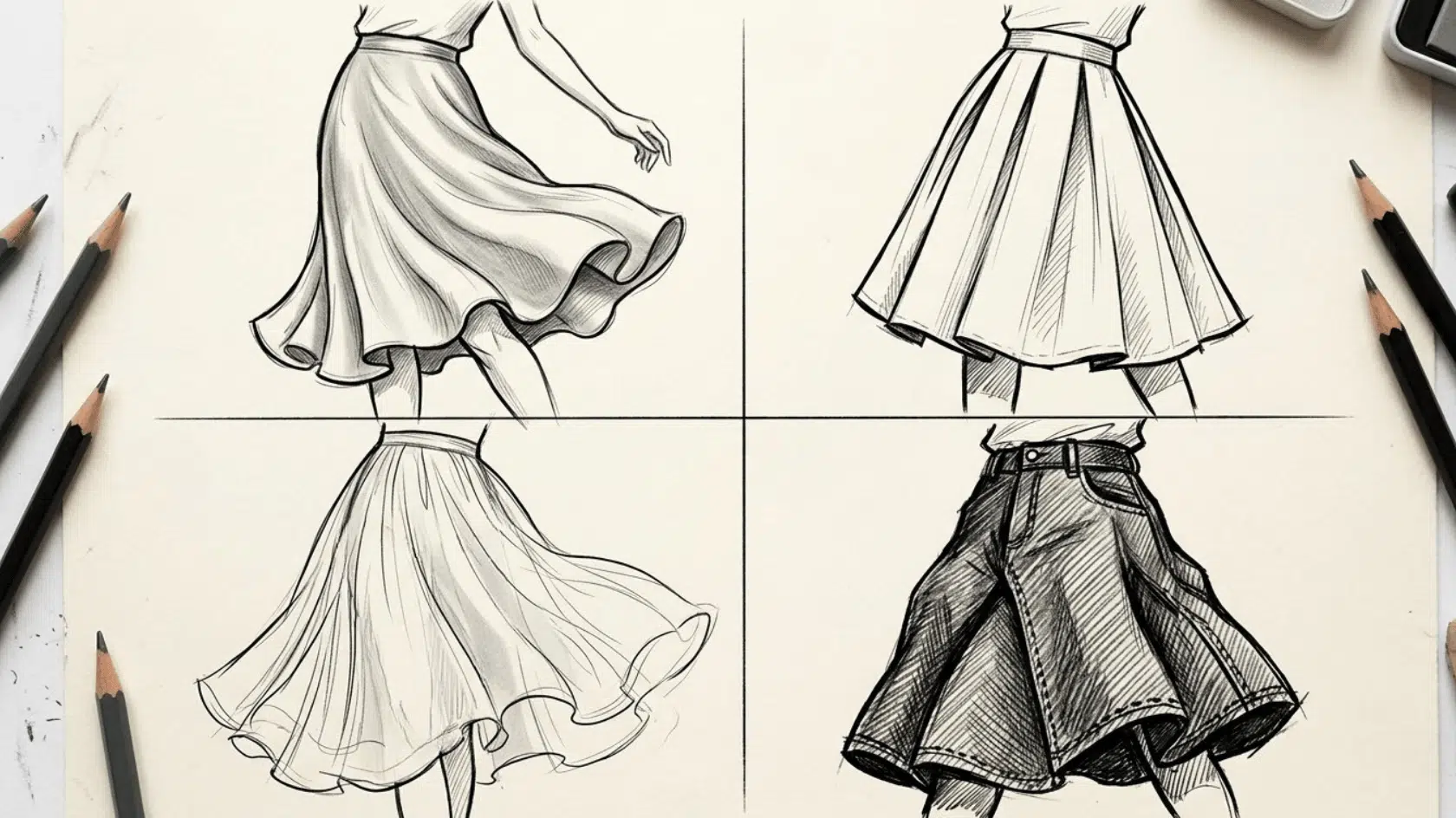 sketches of four different skirts showing how various fabrics drape, fold, and move, with pencils arranged around the drawing sheet