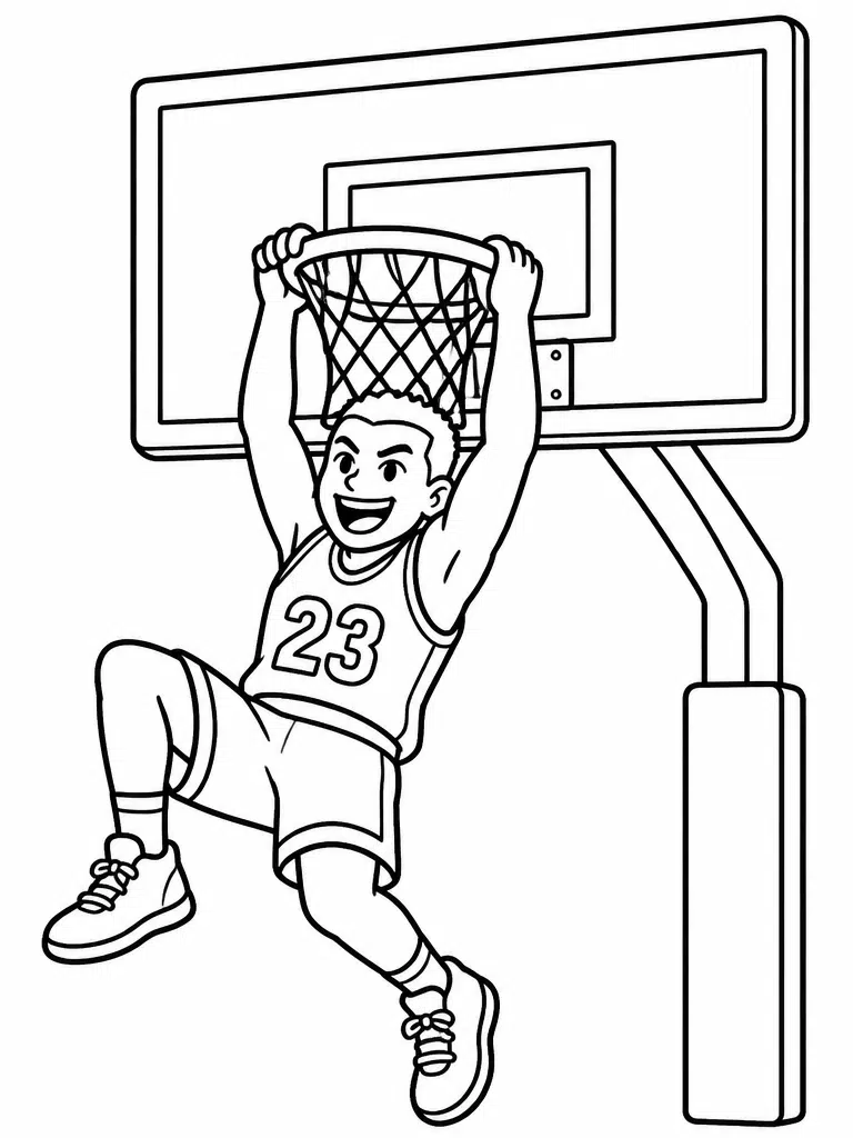 Slam dunk <echighlighted>basketball coloring page</echighlighted> with a player hanging on the rim