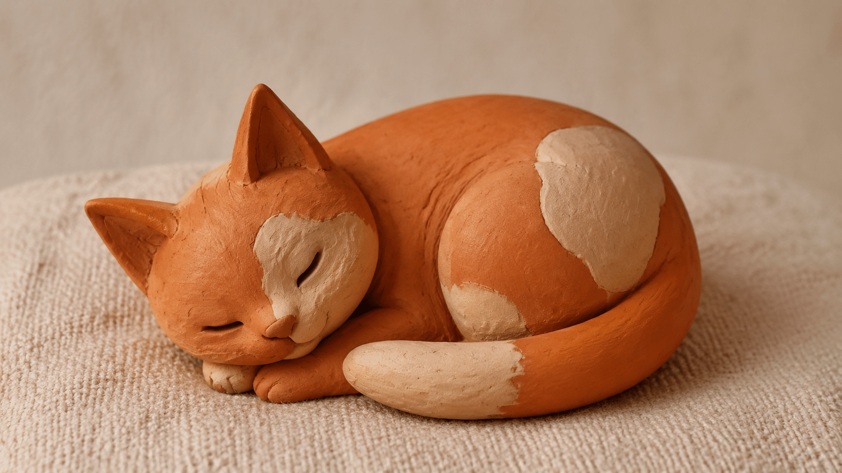 curled clay cat sleeping with its tail around its body