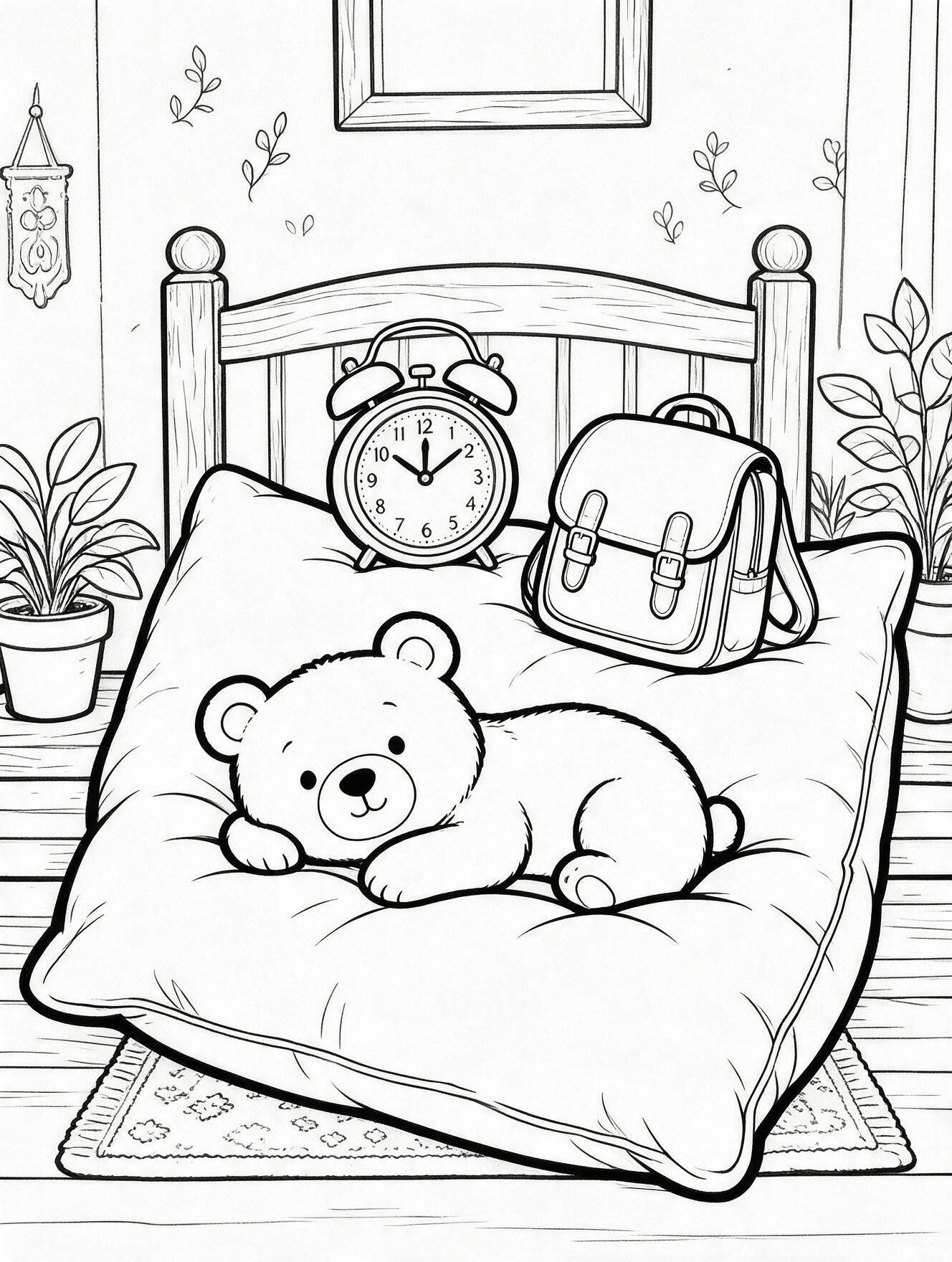 Sleepy bear resting on a cushion beside a school bag and alarm clock for a calm coloring page.