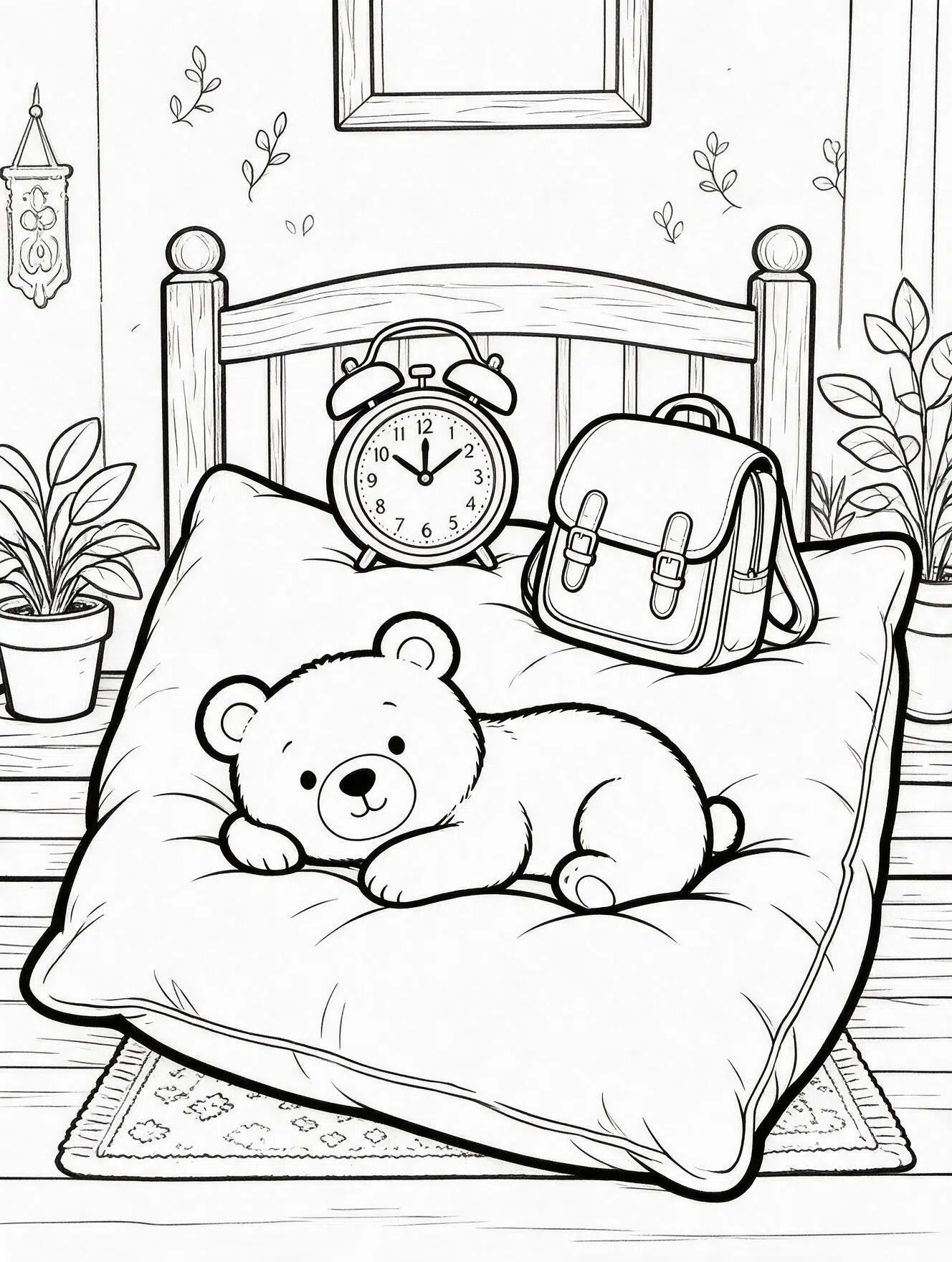 Sleepy bear resting on a cushion beside a school bag and alarm clock for a calm coloring page.