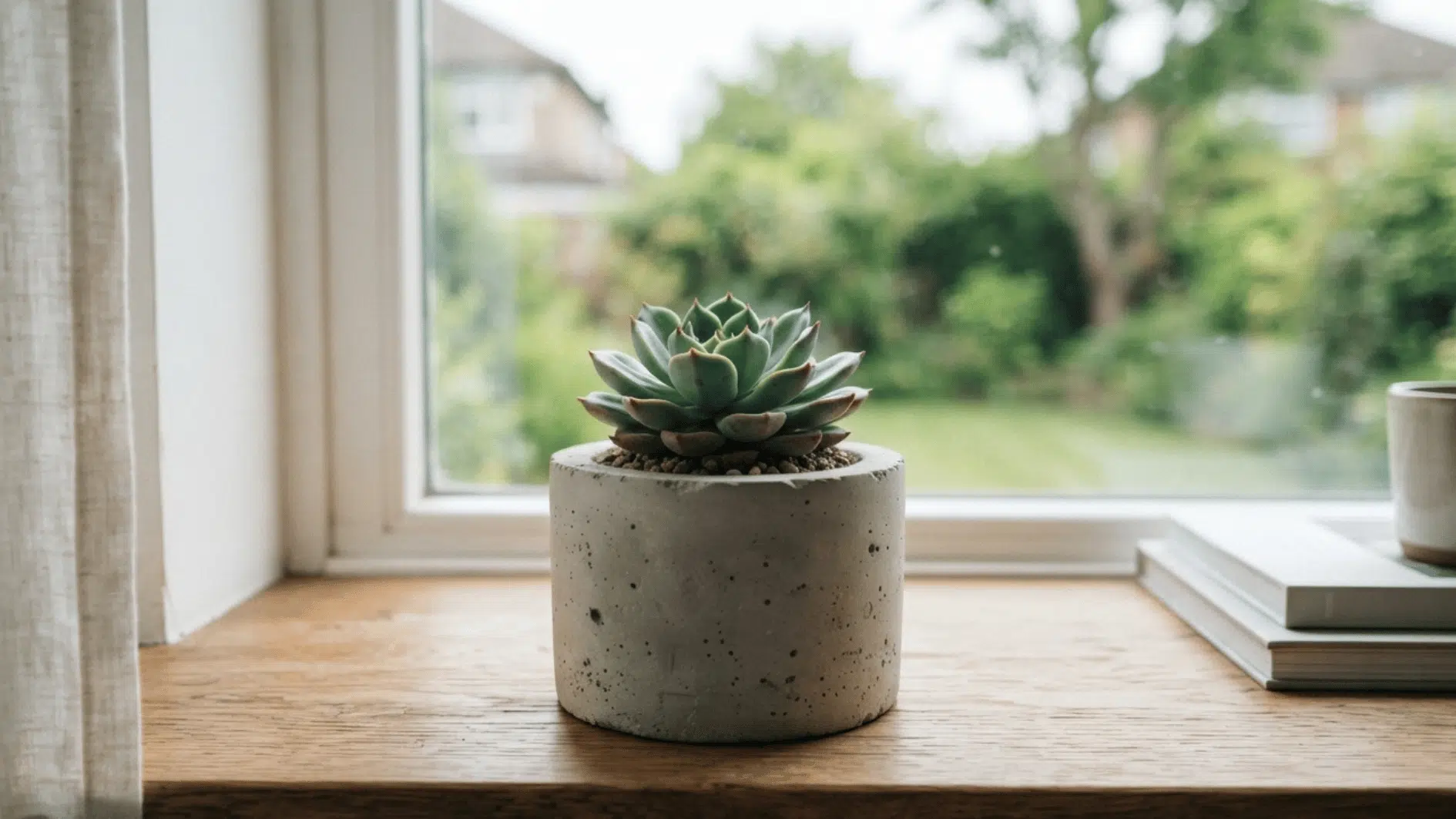 small succulent growing in a handmade concrete planter on a sunny windowsill