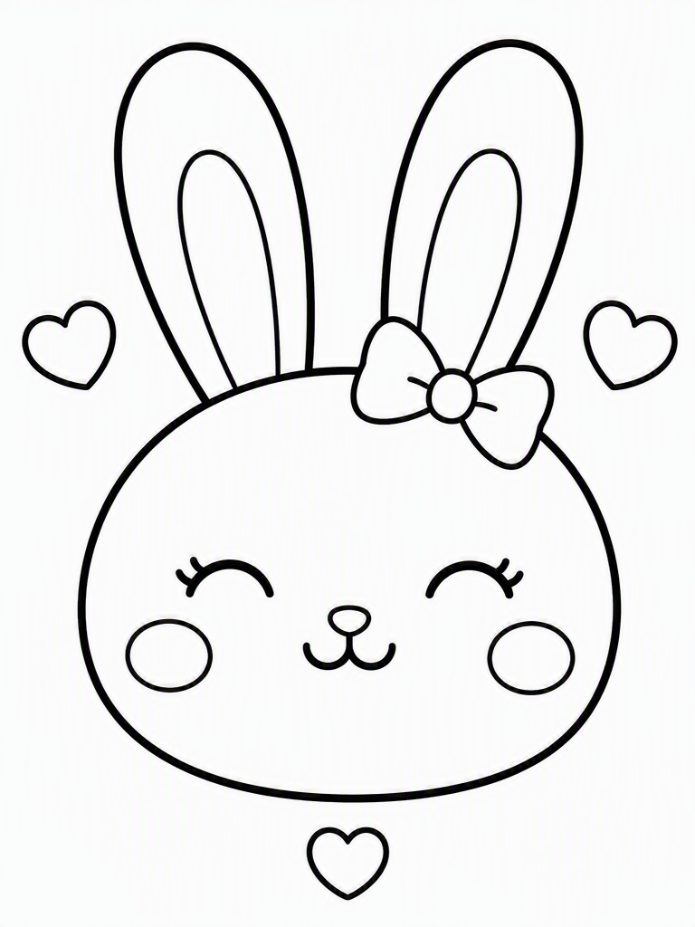smiling bunny face with rounded ears bow and floating hearts