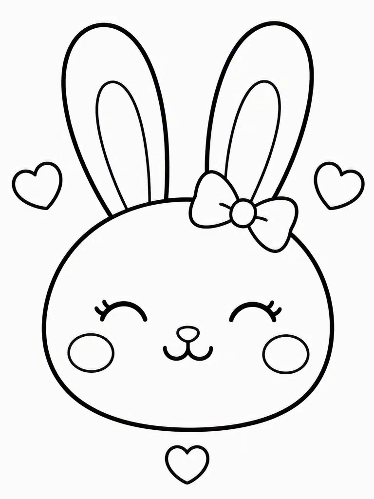 smiling bunny face with rounded ears bow and floating hearts