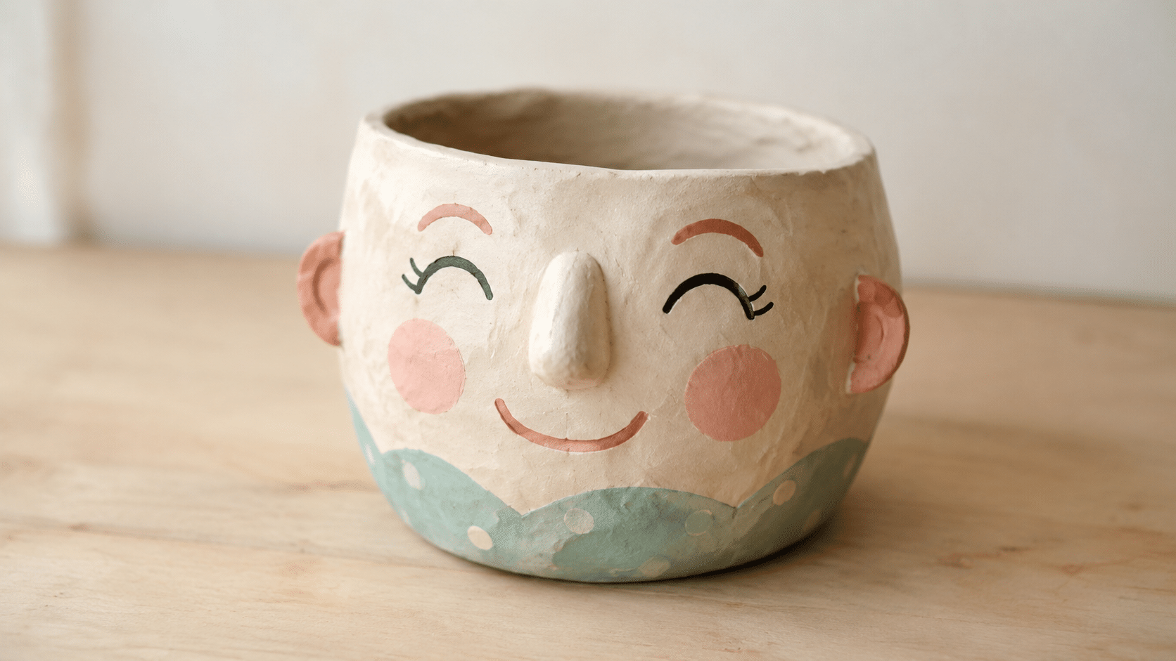 handmade clay pinch pot with a cheerful painted face