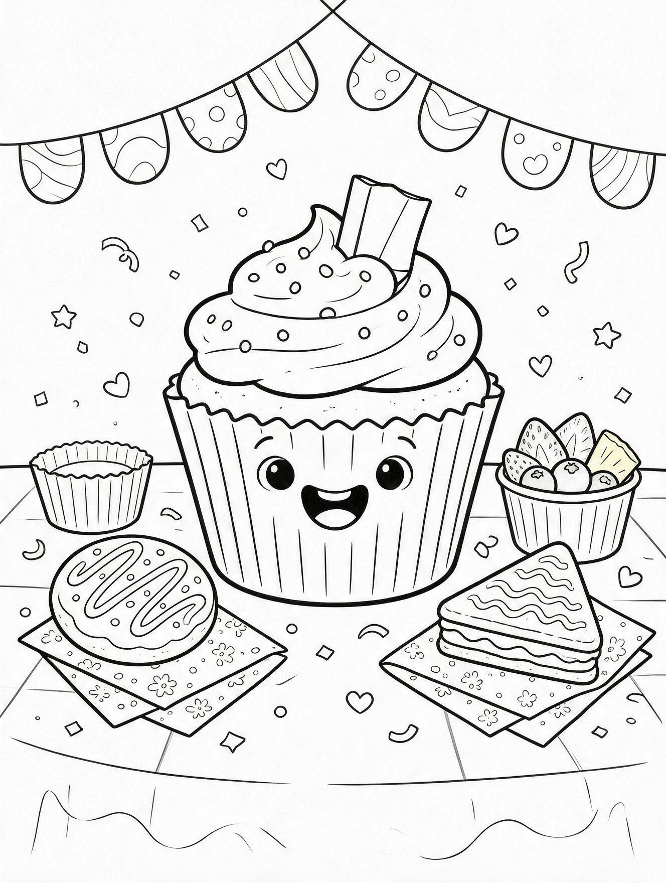 Smiling cupcake on a school celebration table with snacks, paper cups, bunting, and confetti.