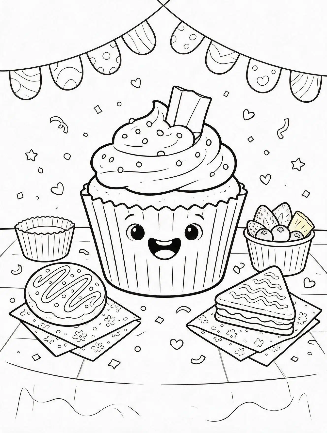 Smiling cupcake on a school celebration table with snacks, paper cups, bunting, and confetti.