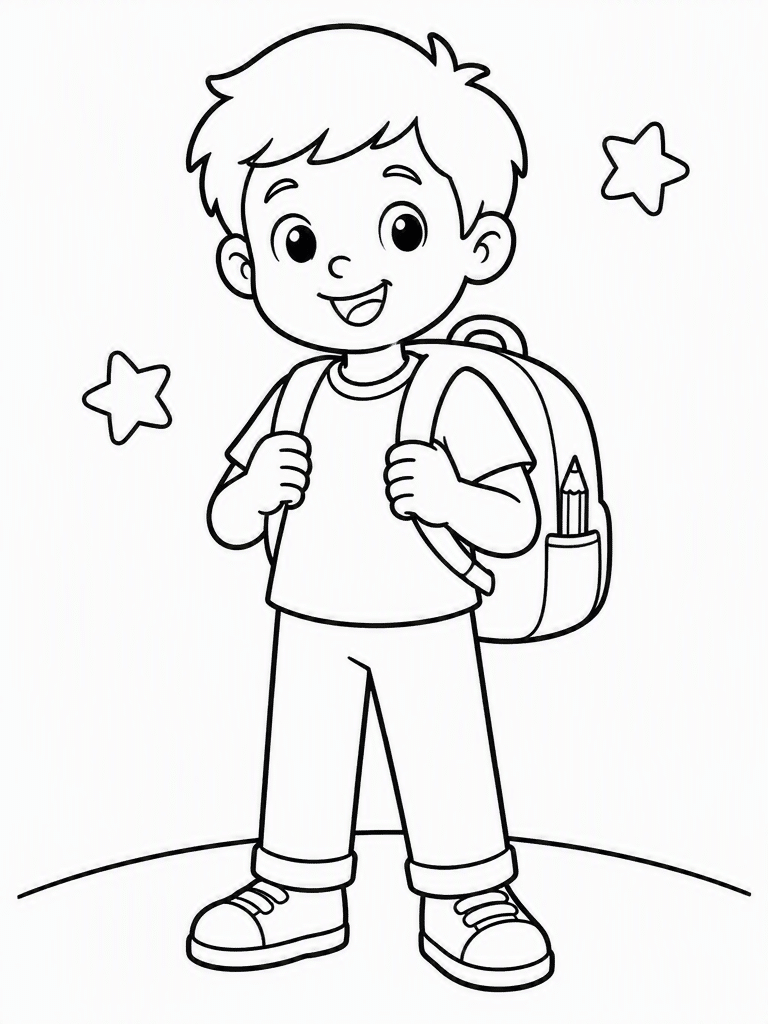 Smiling student with a backpack and pencil on a simple printable back-to-school coloring page.