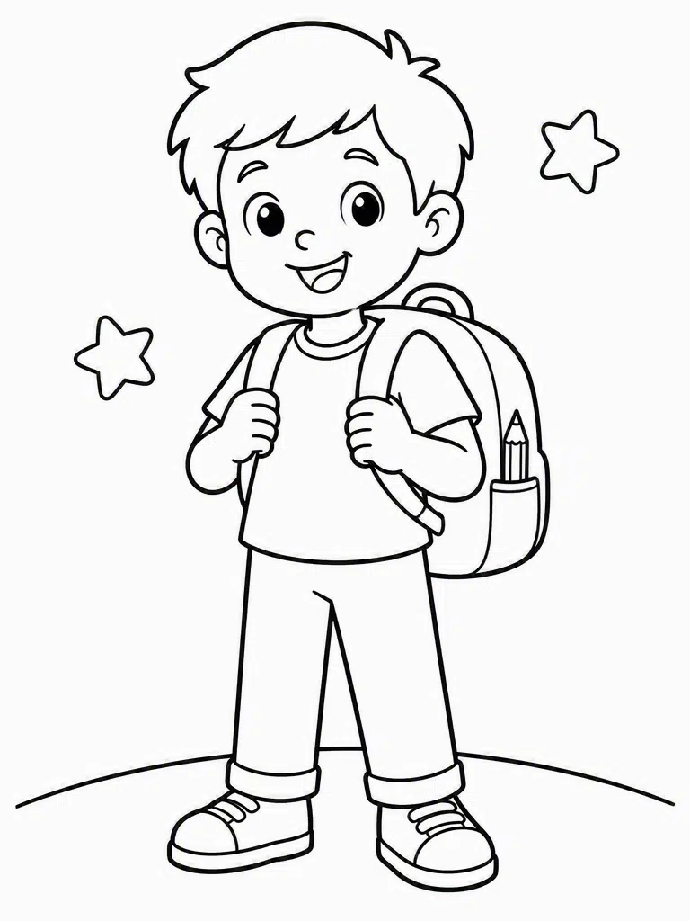 Smiling student with a backpack and pencil on a simple printable back-to-school coloring page.