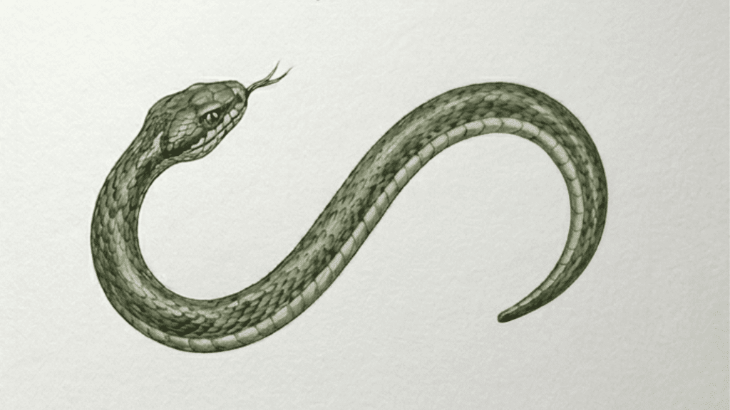 step by step snake drawing with curved body scales forked tongue and green coloring on white paper