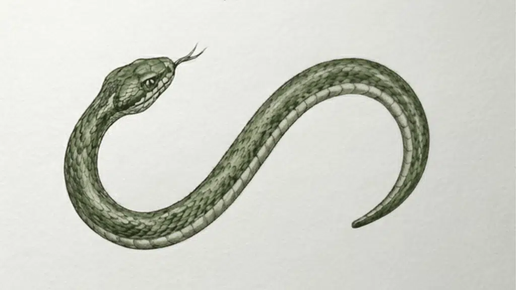 step by step snake drawing with curved body scales forked tongue and green coloring on white paper