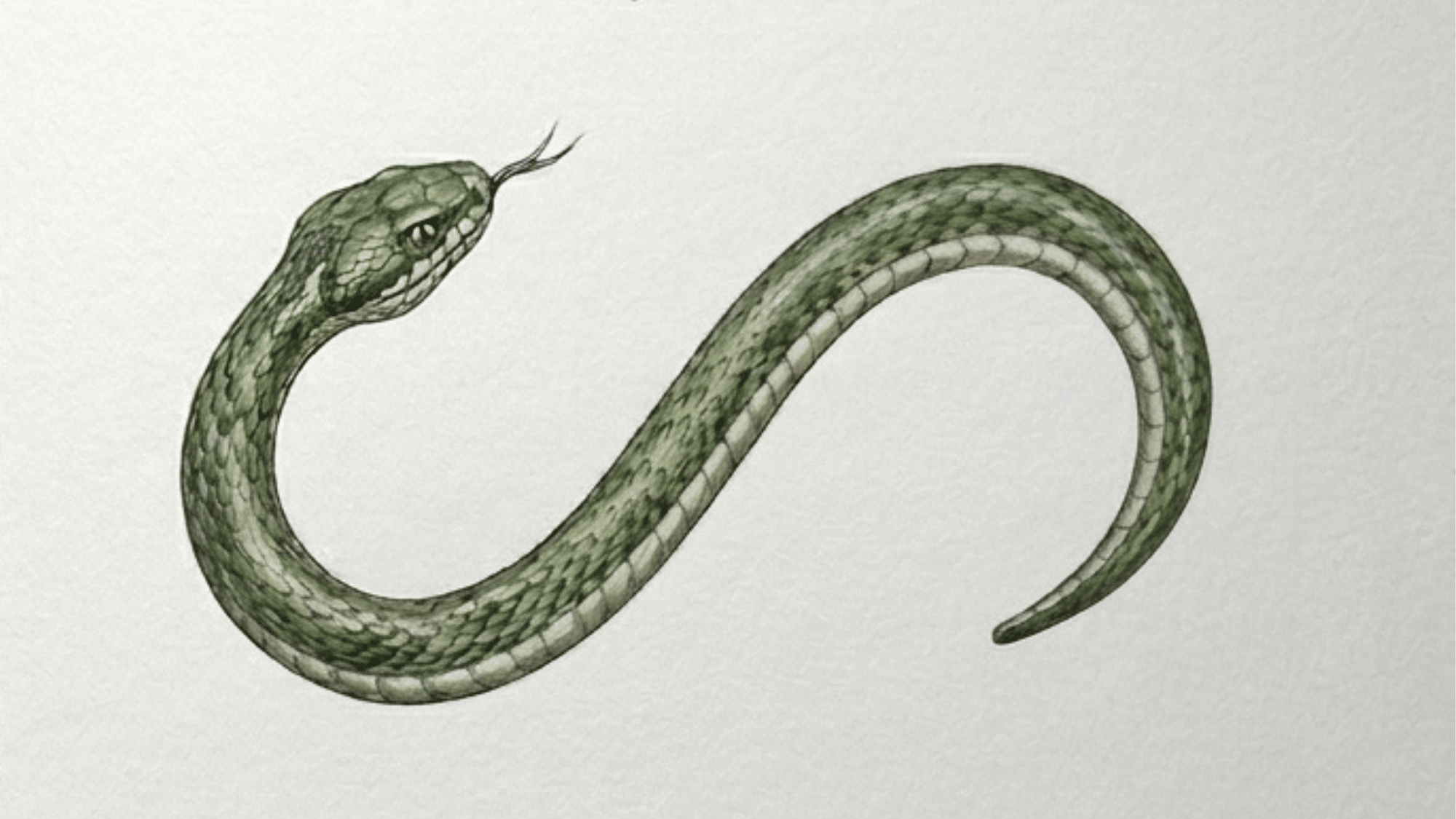 step by step snake drawing with curved body scales forked tongue and green coloring on white paper