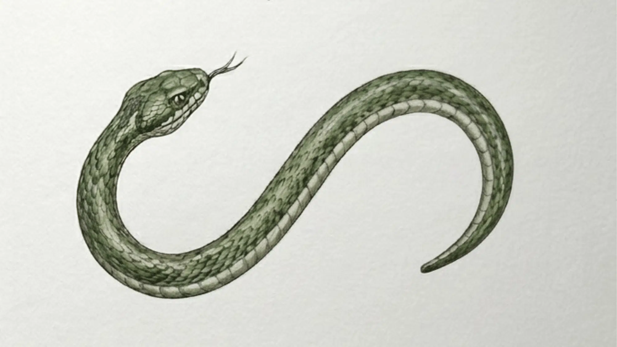 step by step snake drawing with curved body scales forked tongue and green coloring on white paper