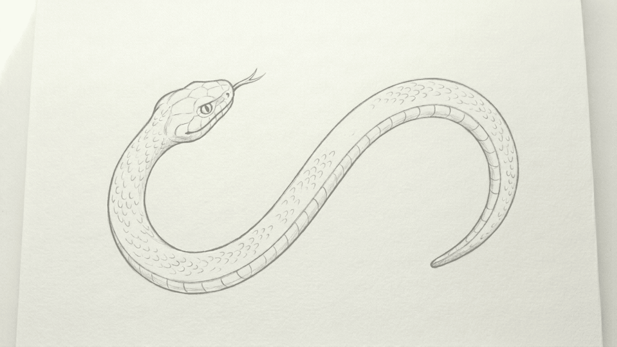 basic snake pencil sketch shown beside a finished snake drawing with scales