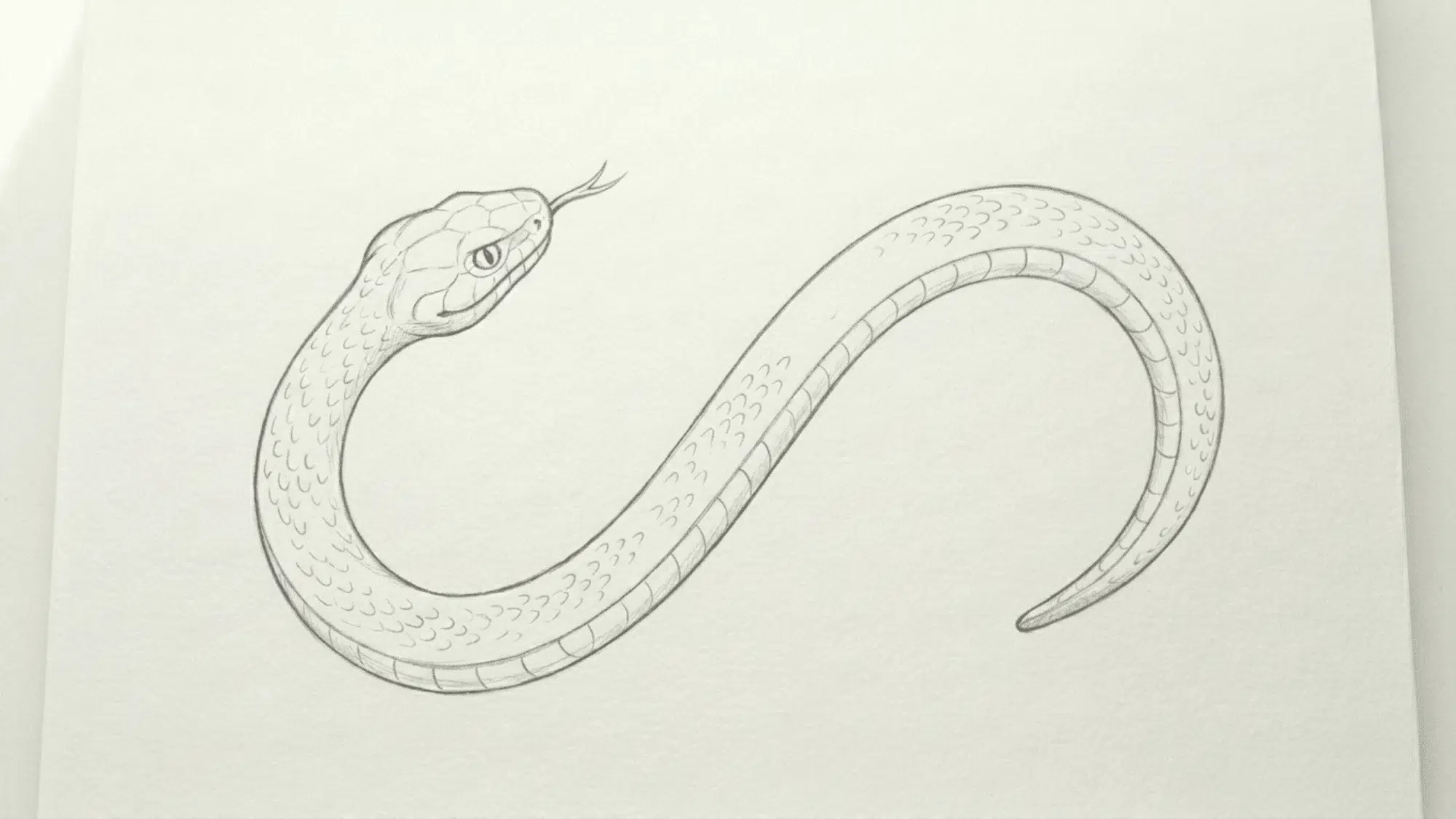 basic snake pencil sketch shown beside a finished snake drawing with scales