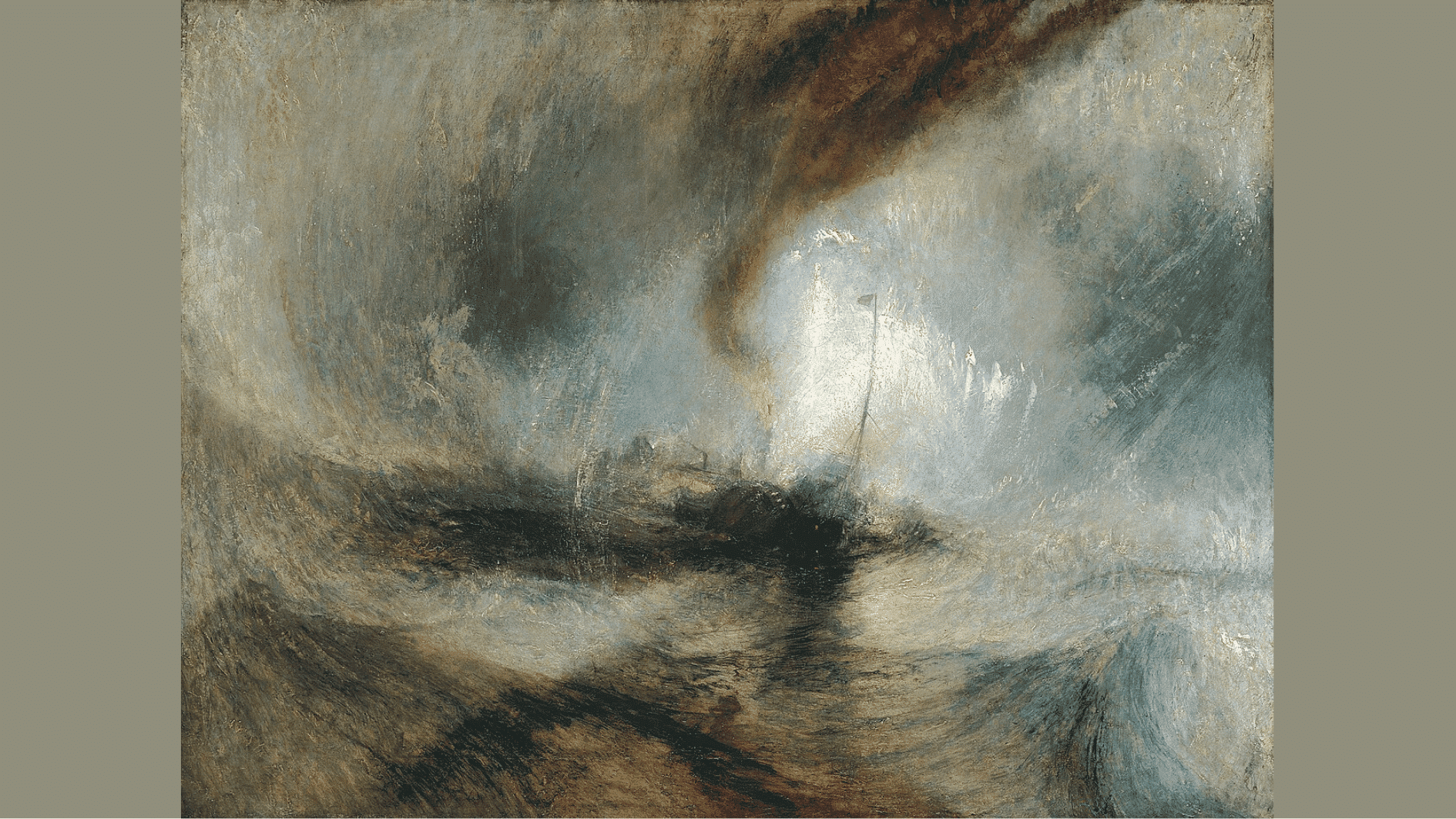 a small steamship is engulfed by swirling storm winds and turbulent waves in a blurred vortex of grey and white