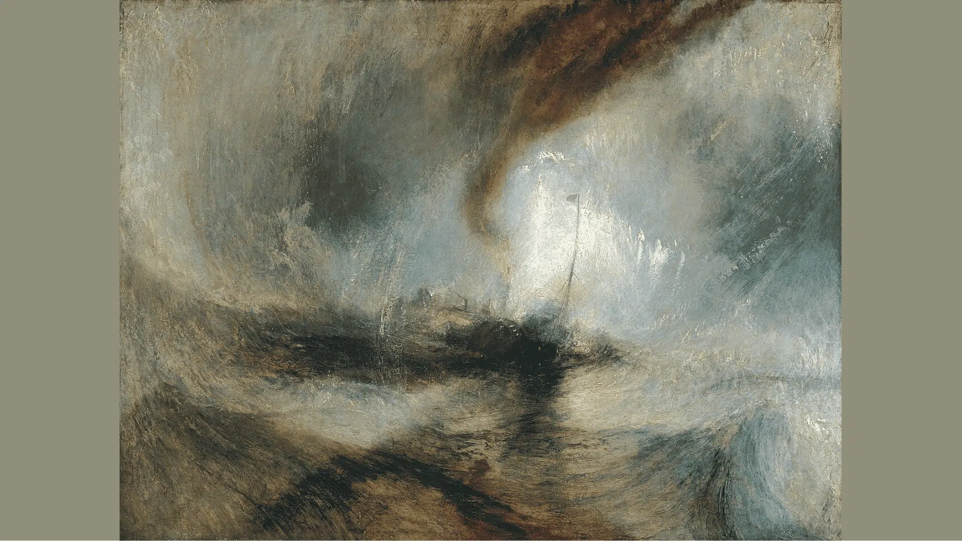 a small steamship is engulfed by swirling storm winds and turbulent waves in a blurred vortex of grey and white