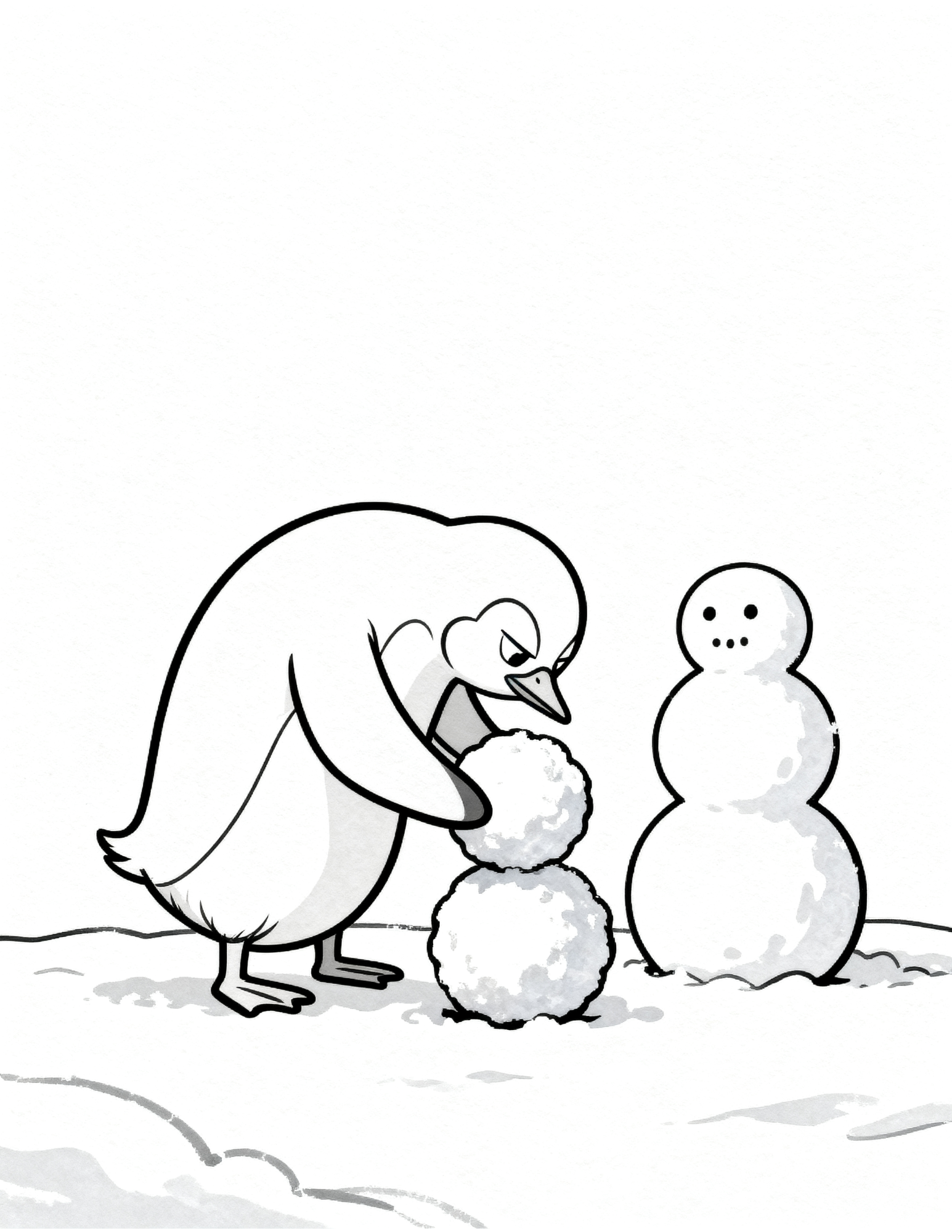 penguin building snowball in winter snow activity coloring page outline