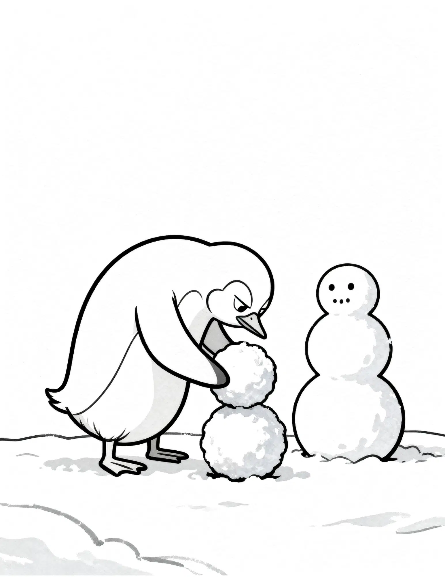 penguin building snowball in winter snow activity coloring page outline