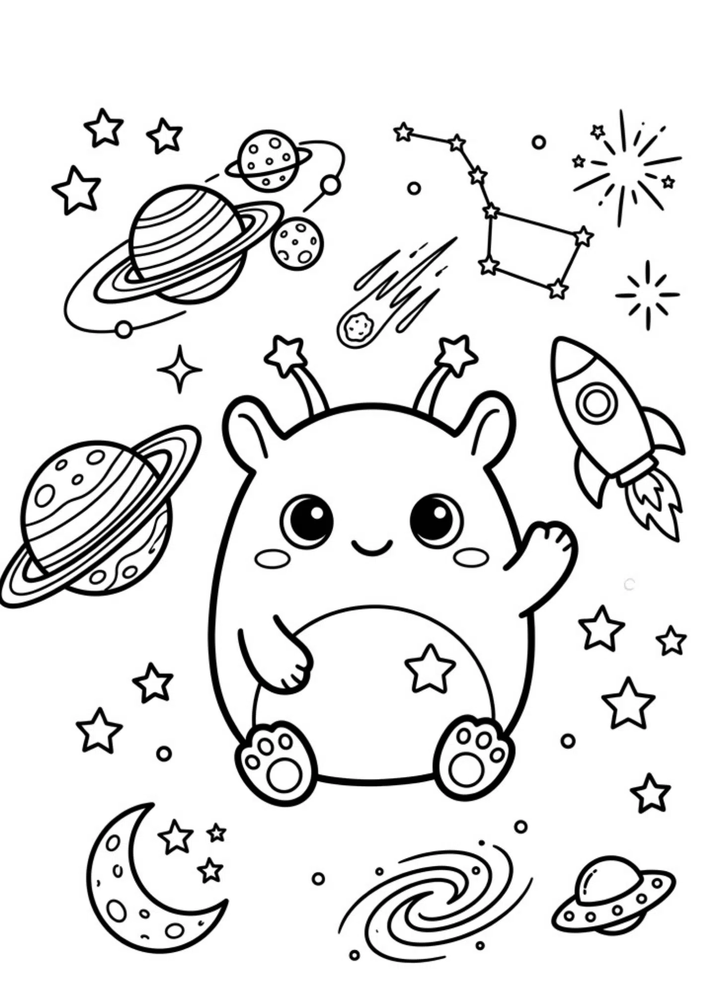 space squishmallow coloring page with planets and stars for a printable black and white galaxy themed kids activity