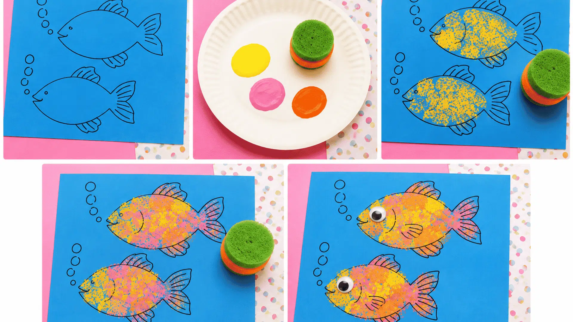 Step by step sponge painted showing two outlined fish on blue paper, paint on a plate, sponge stamping, bubbles, and googly eyes.
