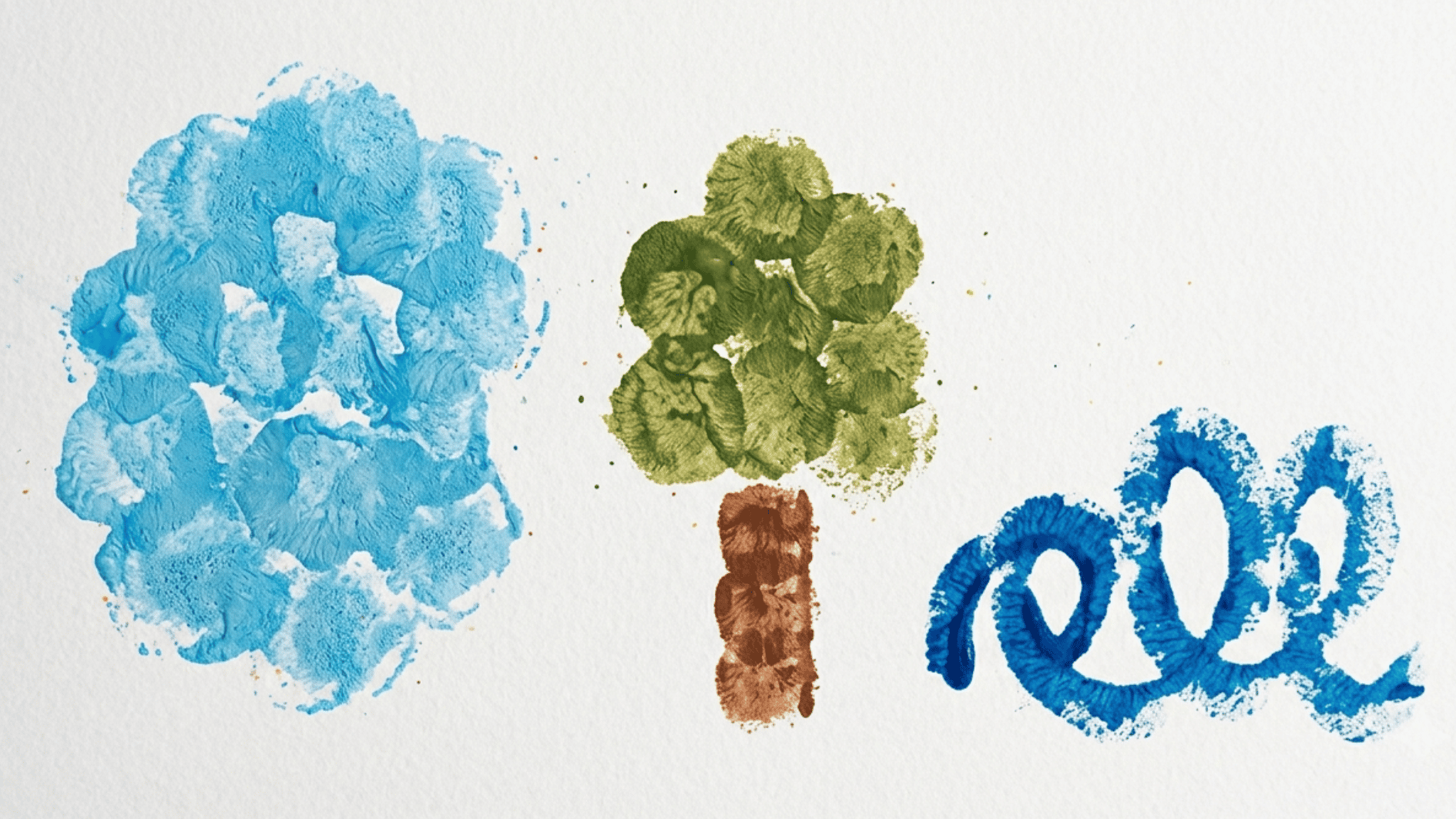 sponge painted clouds trees and waves in blue green and brown on white paper