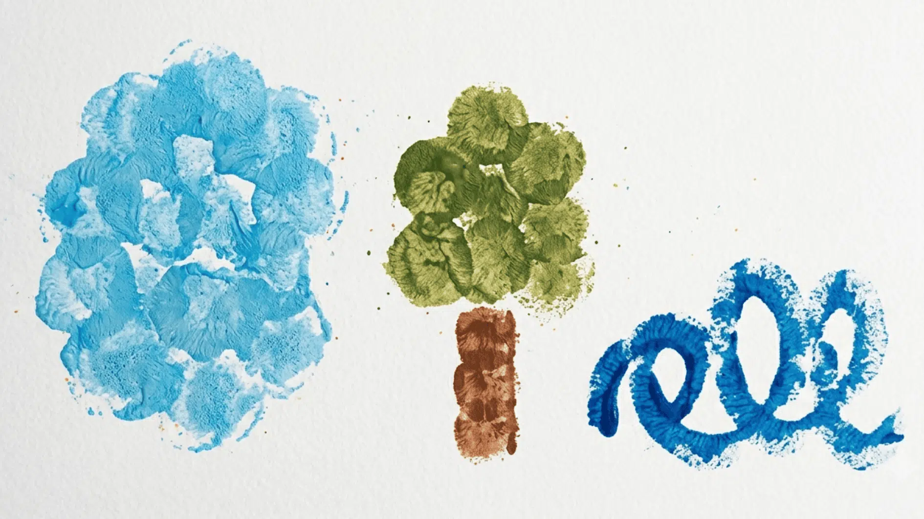 sponge painted clouds trees and waves in blue green and brown on white paper