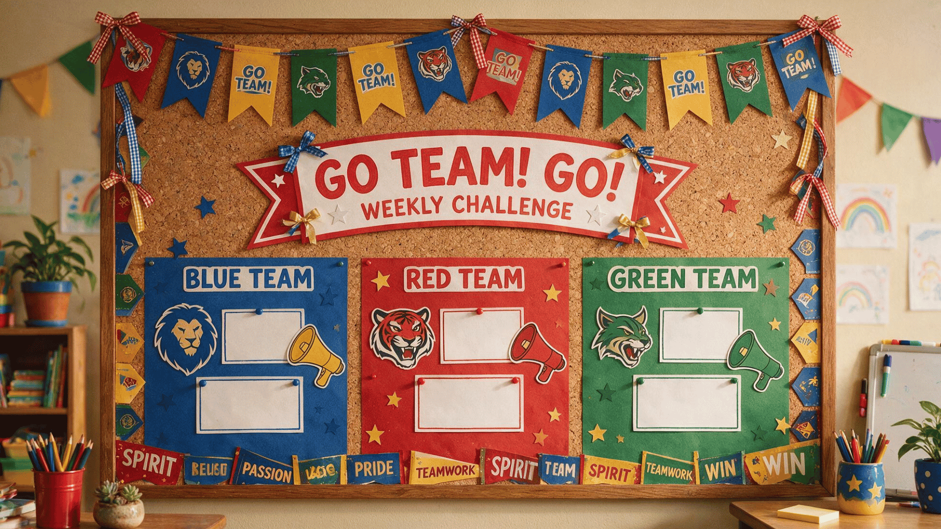 colorful classroom bulletin board displaying a weekly challenge for blue, red, and green teams