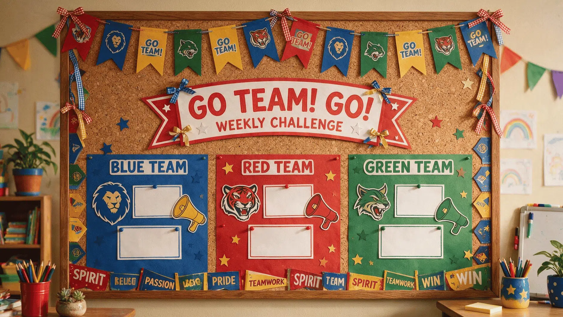 colorful classroom bulletin board displaying a weekly challenge for blue, red, and green teams