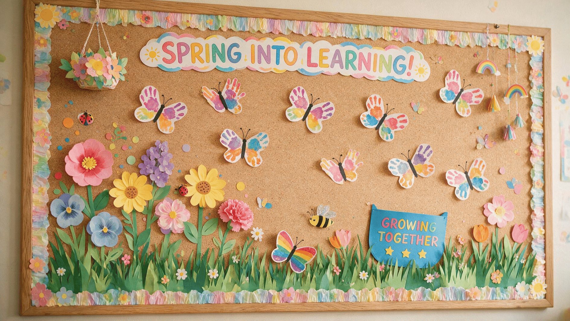 spring Into learning bulletin board with student handprint butterflies, paper flowers, grass, bees, and rainbows