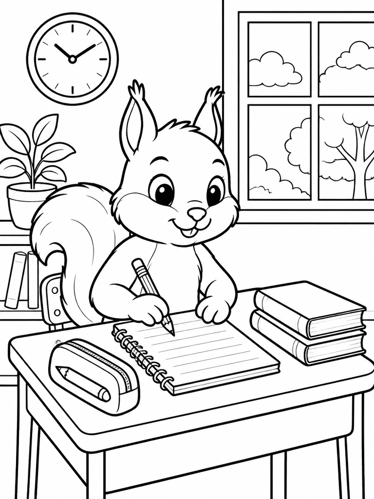 Squirrel sitting at a classroom desk with books, notebook, pencil case, window, and hanging plant.