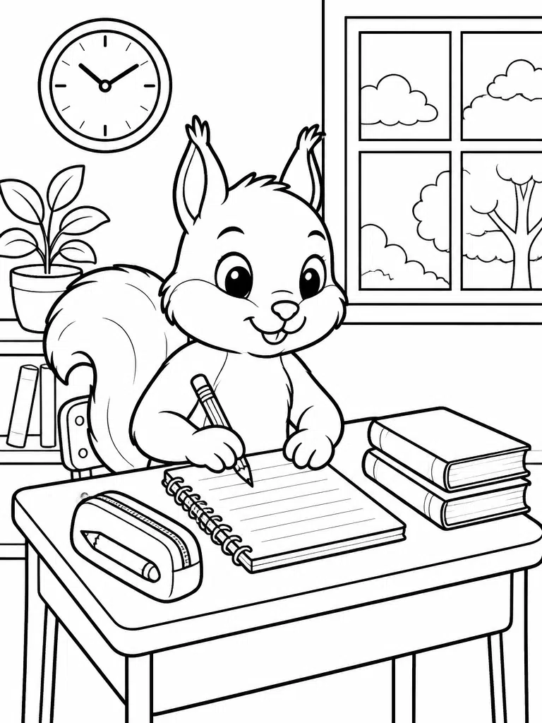 Squirrel sitting at a classroom desk with books, notebook, pencil case, window, and hanging plant.