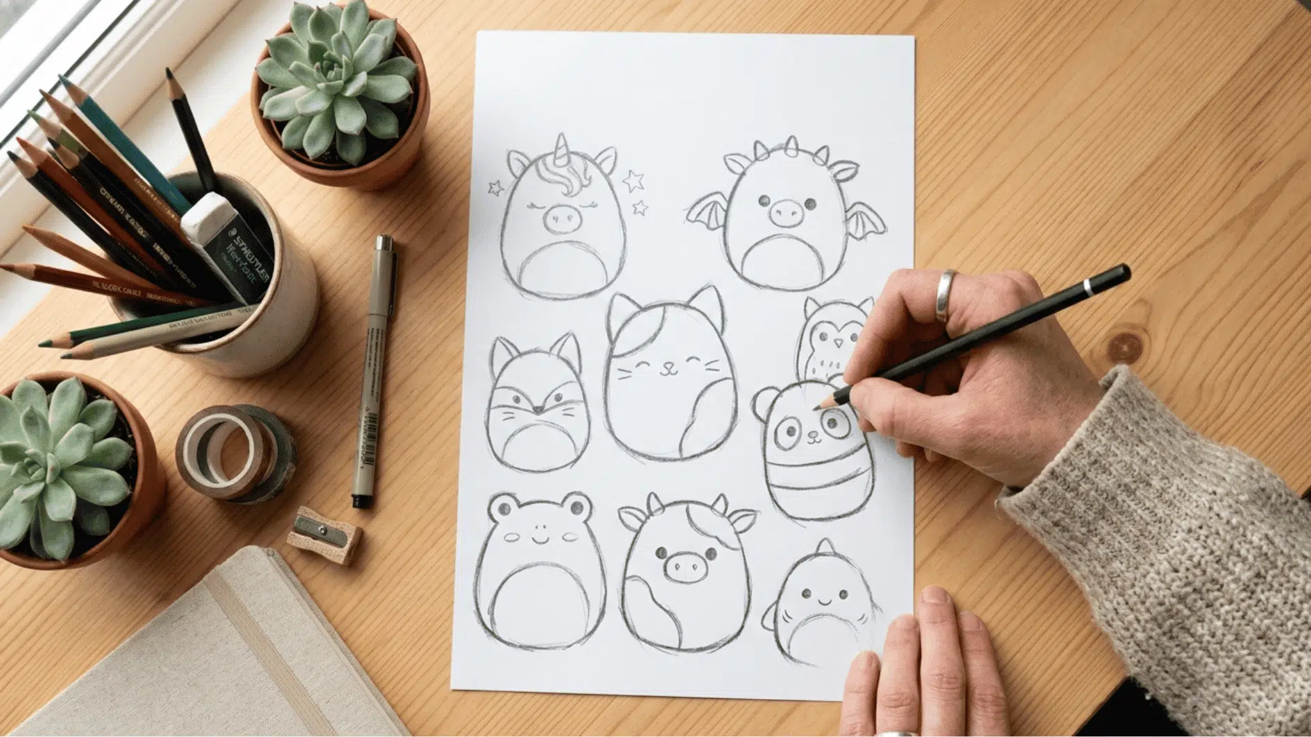 person drawing cute squishmallow coloring pages collection with black outlines on paper in a realistic creative workspace scene.