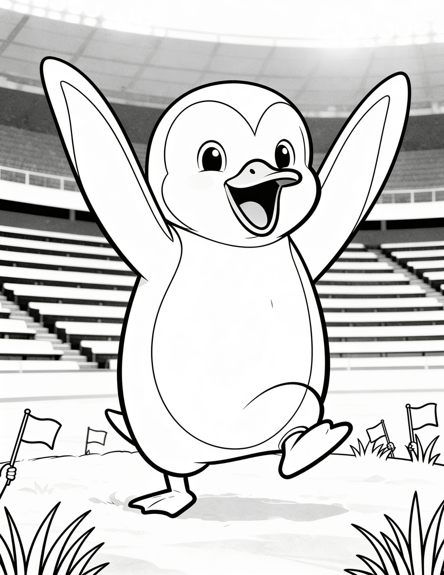 sports fan penguin cheering in stadium coloring page outline