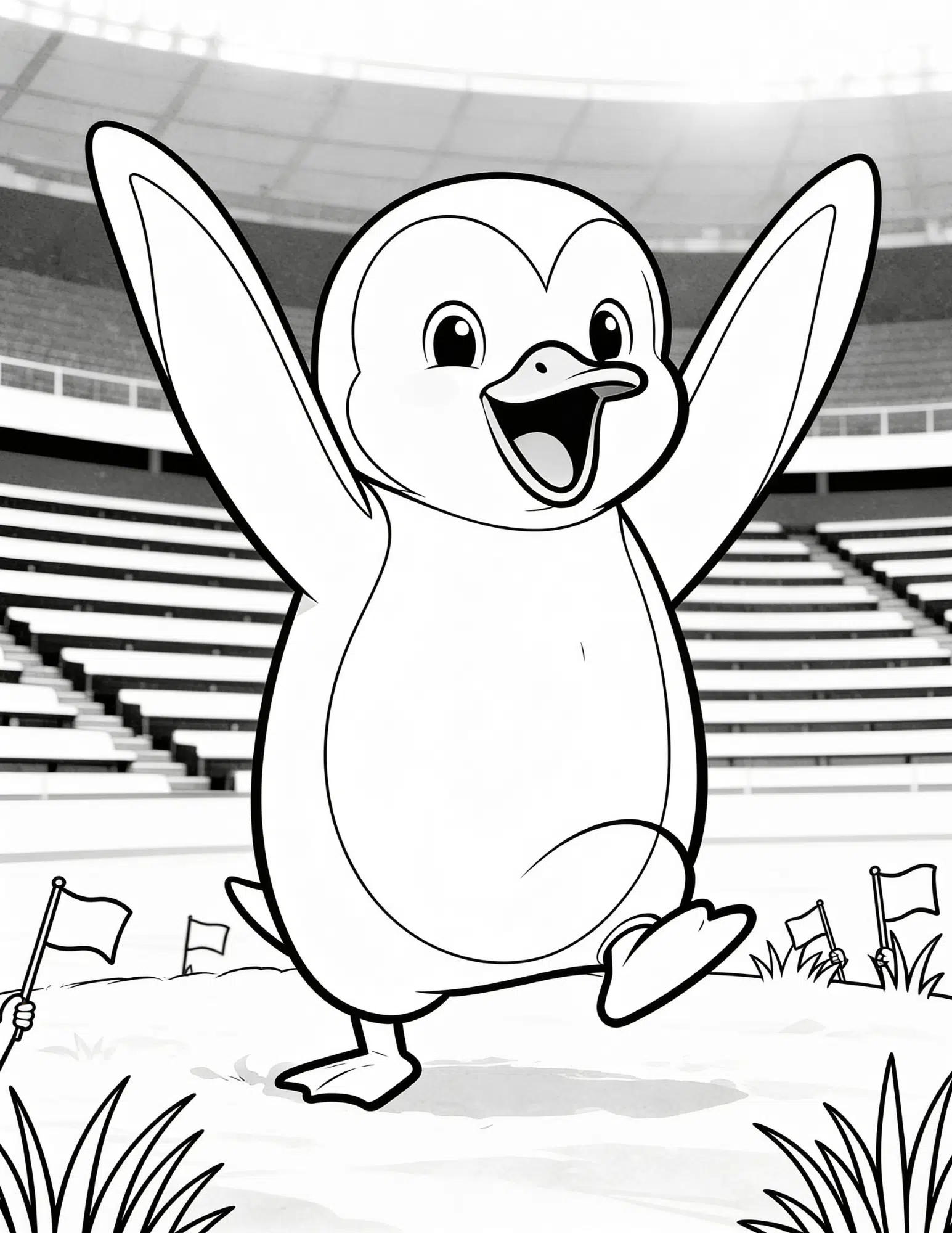 sports fan penguin cheering in stadium coloring page outline