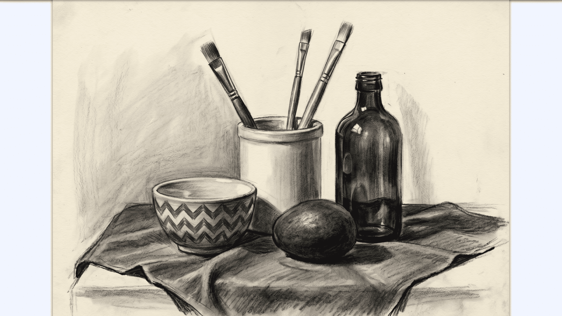 Still life pencil drawing with bowl, brushes, bottle, fruit, and cloth.