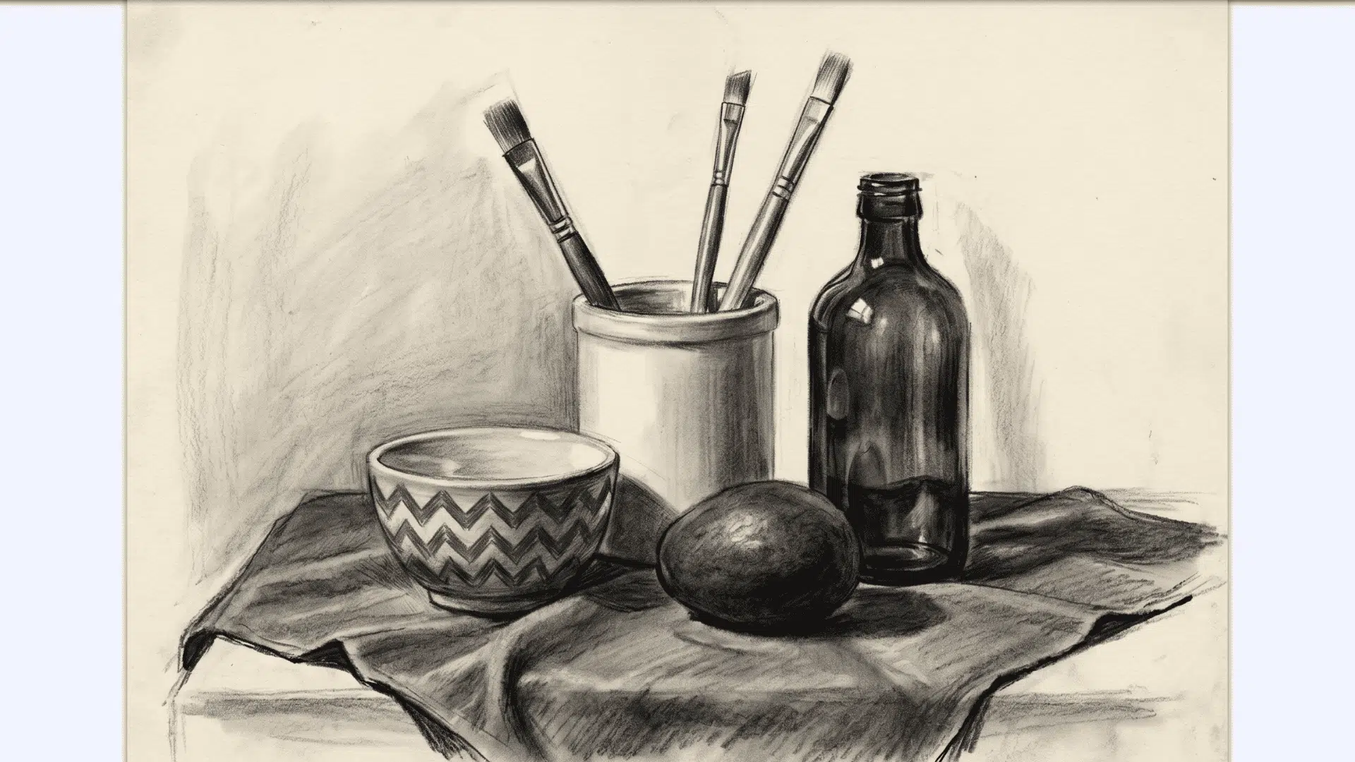 Still life pencil drawing with bowl, brushes, bottle, fruit, and cloth.