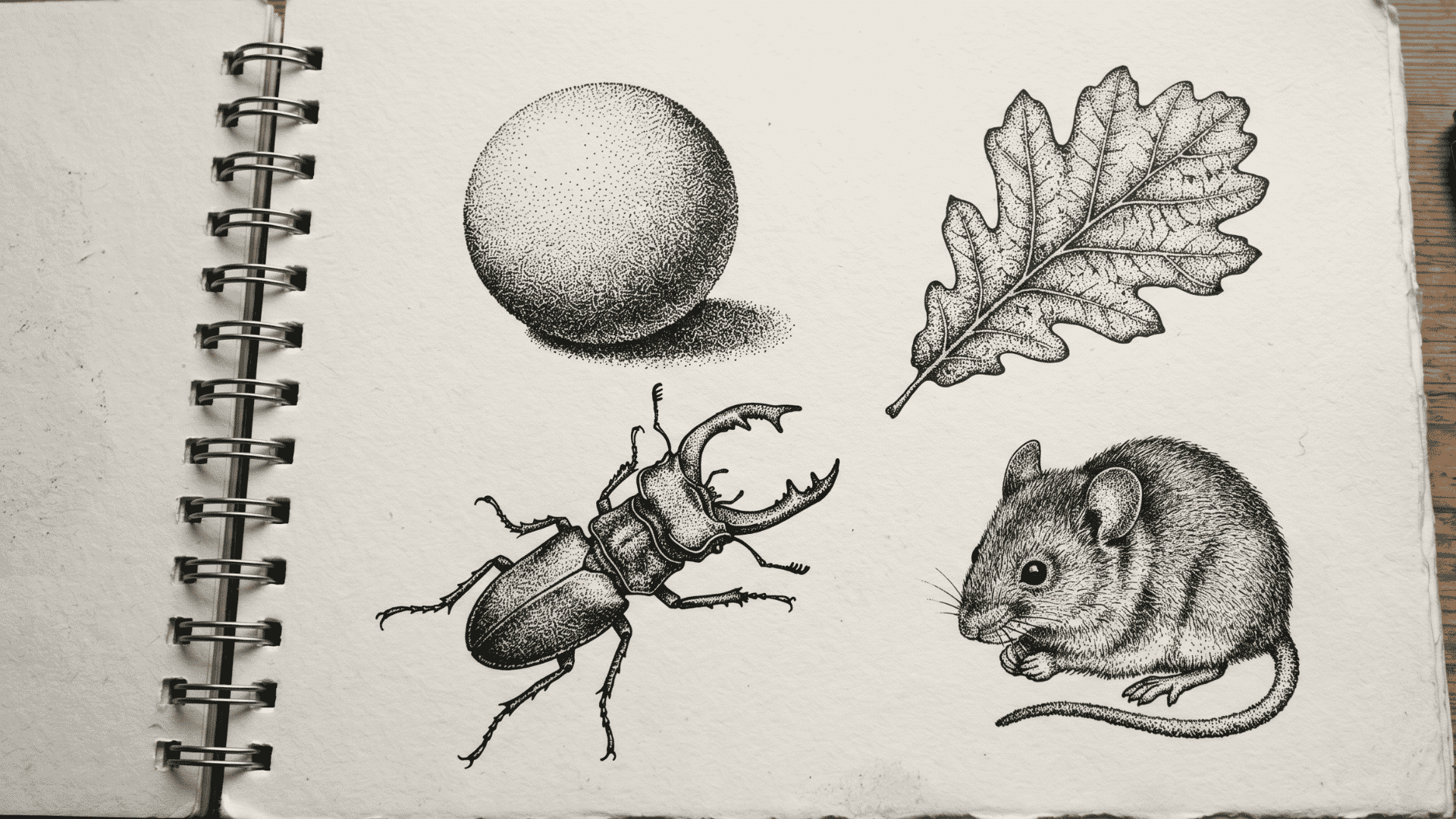 Stippling sketchbook page with dot-shaded beetle, leaf, mouse, and sphere.