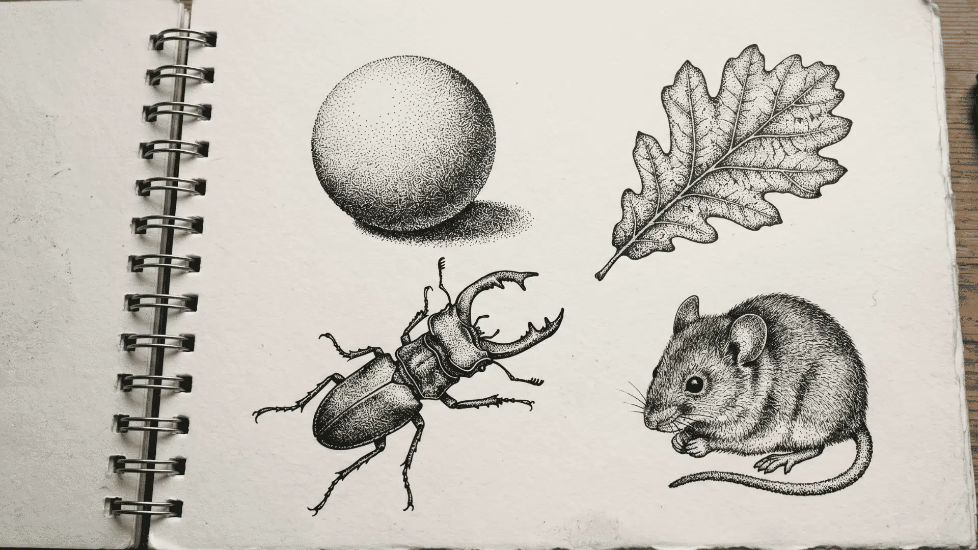 Stippling sketchbook page with dot-shaded beetle, leaf, mouse, and sphere.