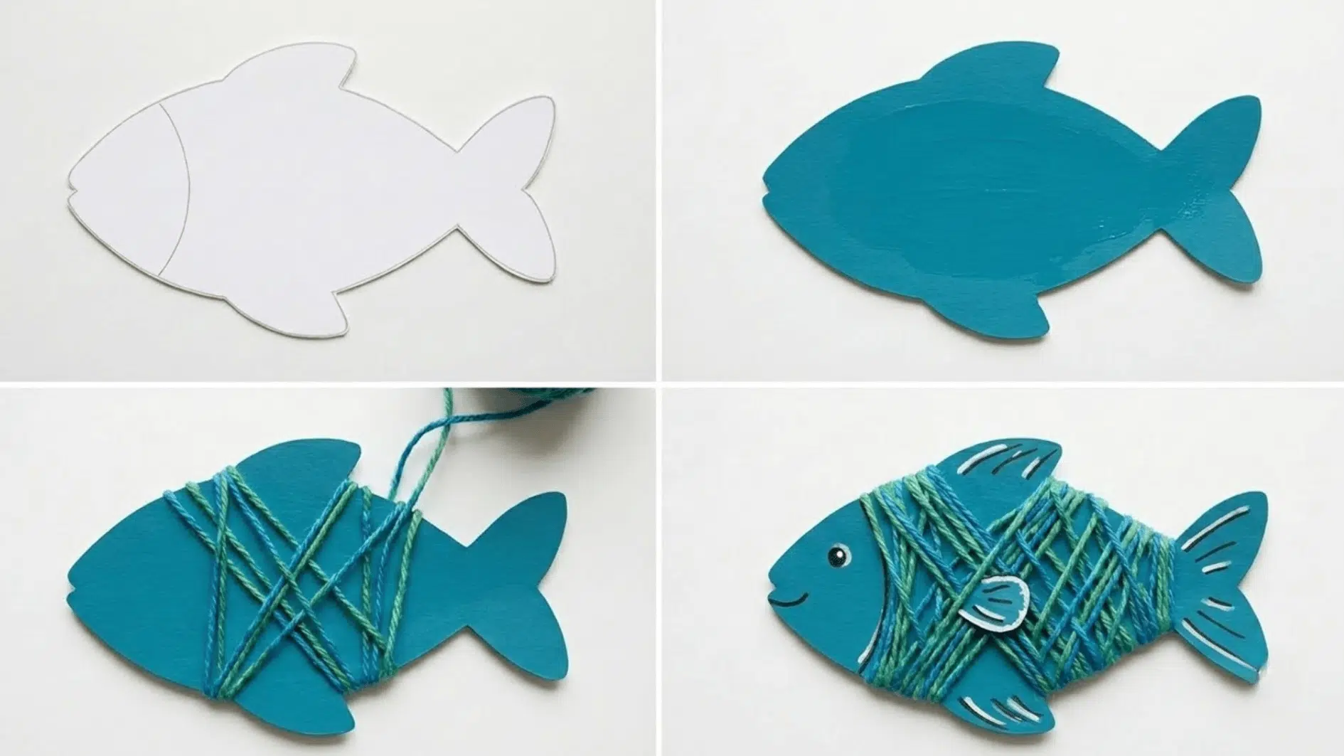 four panel tutorial showing a fish shaped cardboard cutout painted blue, wrapped with blue and green yarn, and finished with an eye, mouth, fin, and white markings