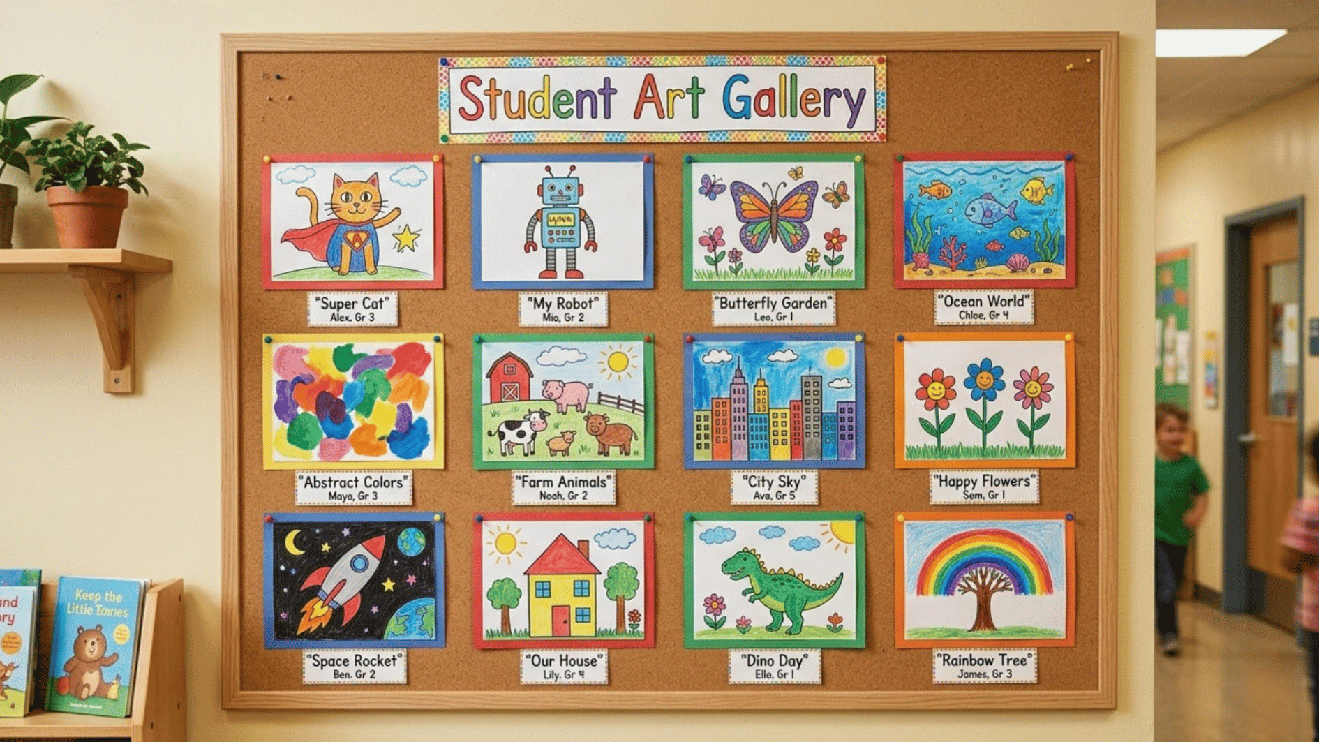 student art gallery board displaying colorful drawings with student names and grades