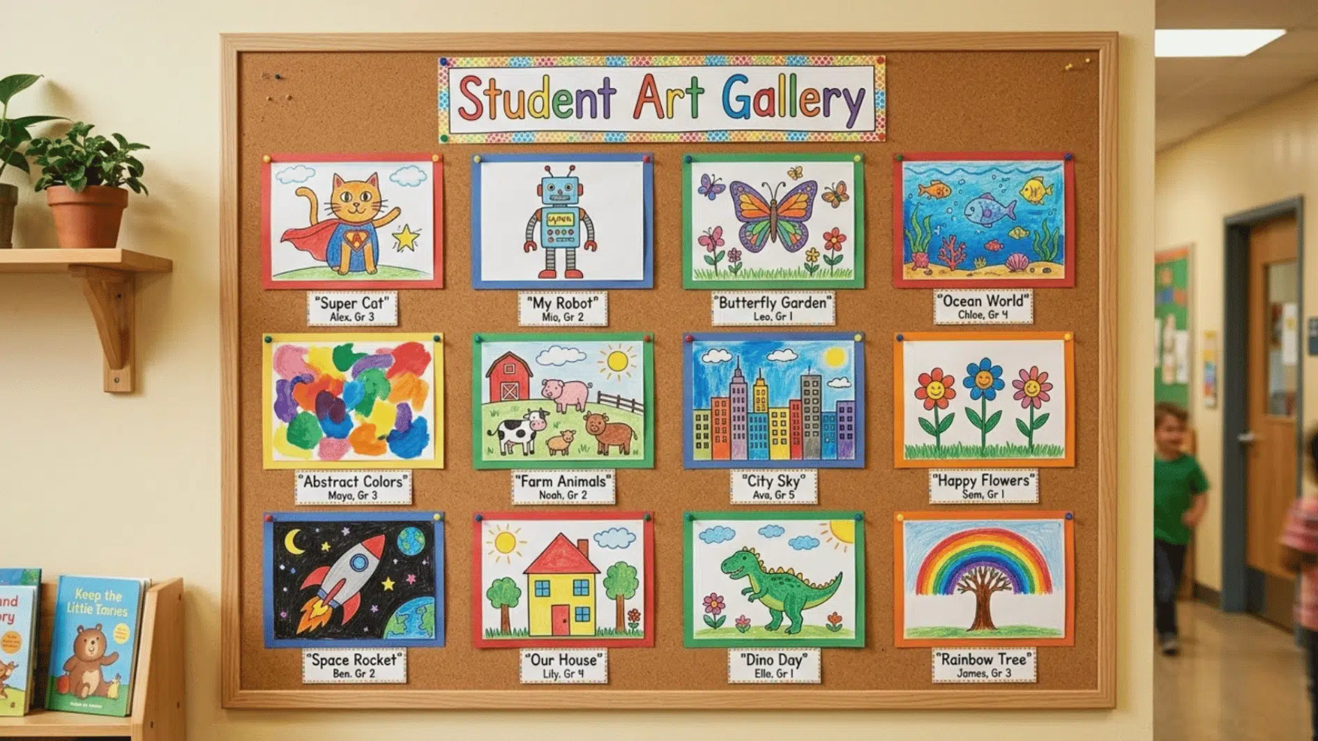 student art gallery board displaying colorful drawings with student names and grades