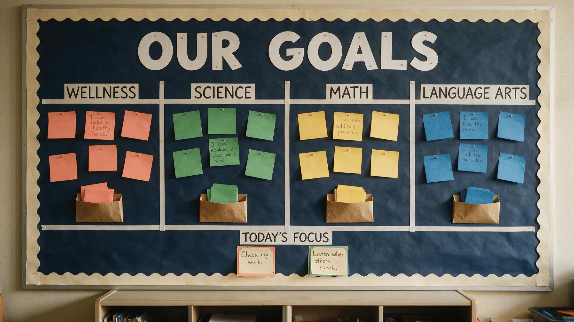 our goals bulletin board with color coded sticky notes for wellness, science, math, language arts, and daily focus targets
