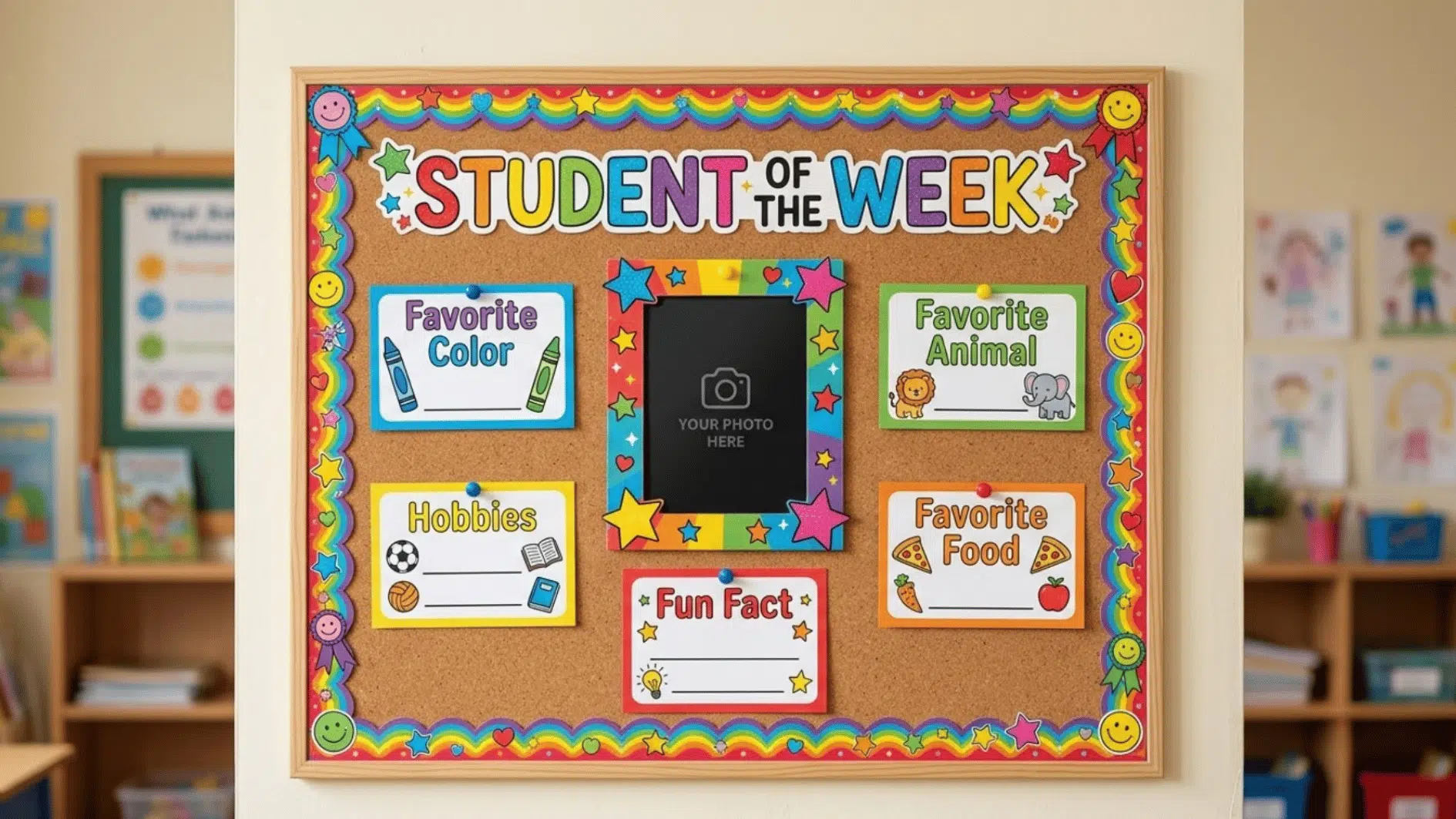 student of the week bulletin board with spaces for a photo, hobbies, favorite food, favorite animal, color, and fun facts