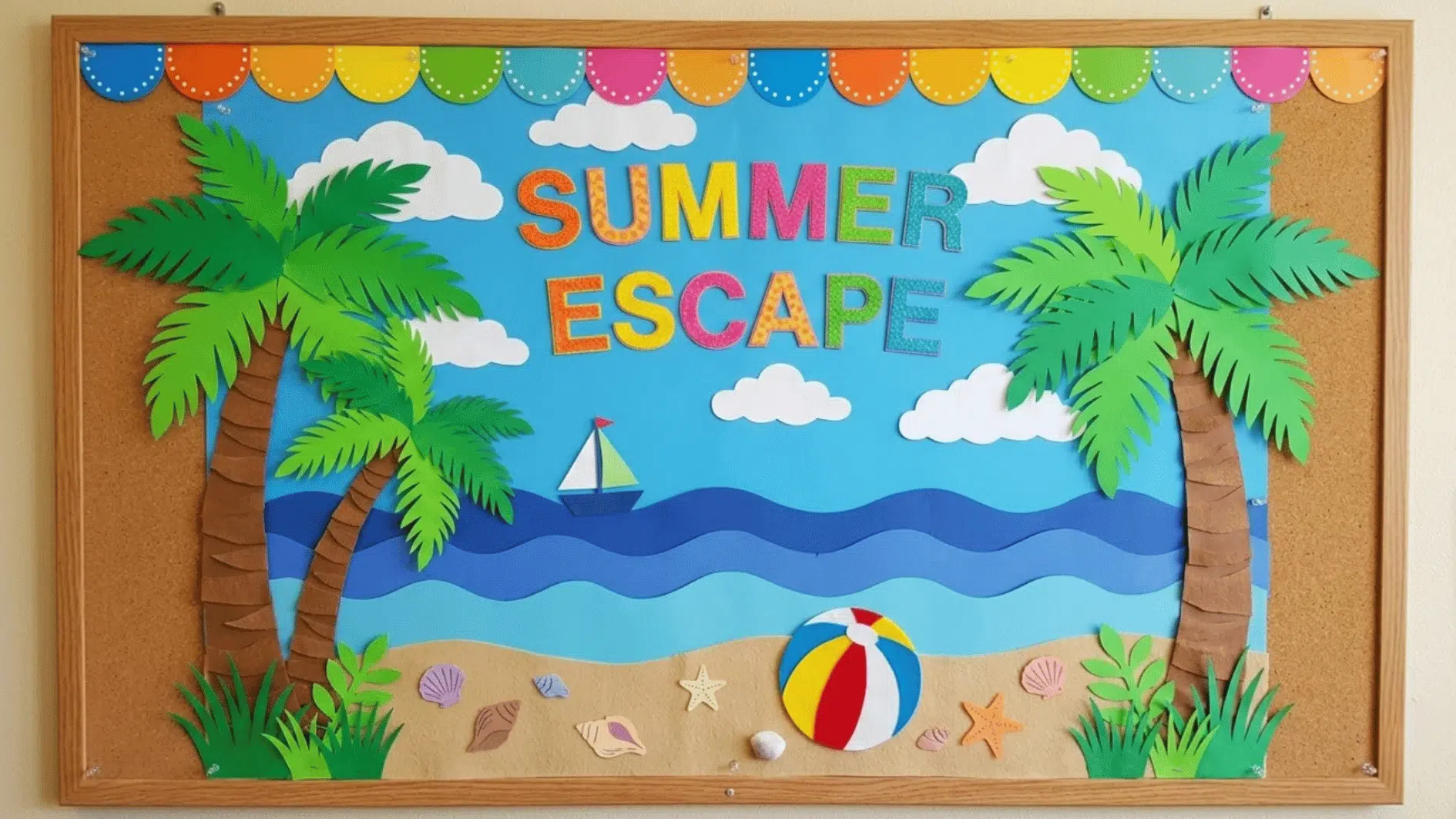 summer classroom bulletin board with paper palm trees, ocean waves, seashells, a sailboat, and a beach ball