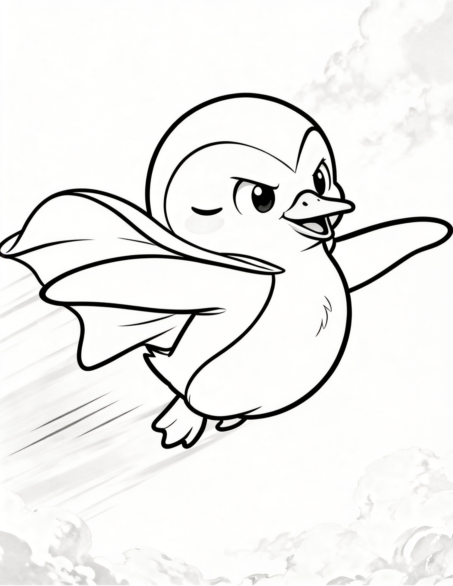 superhero penguin flying with cape action scene coloring page outline