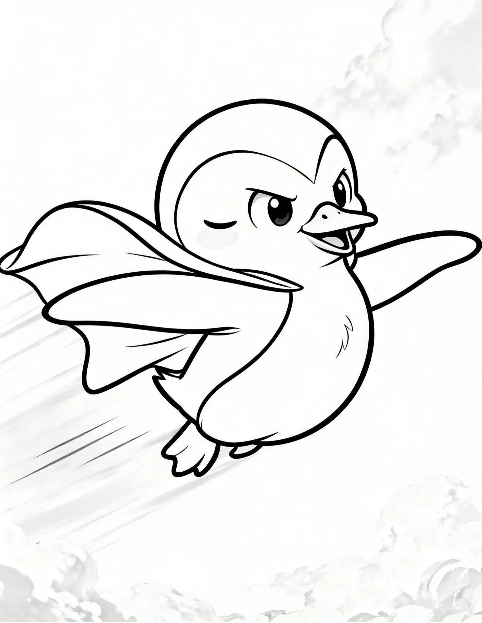 superhero penguin flying with cape action scene coloring page outline