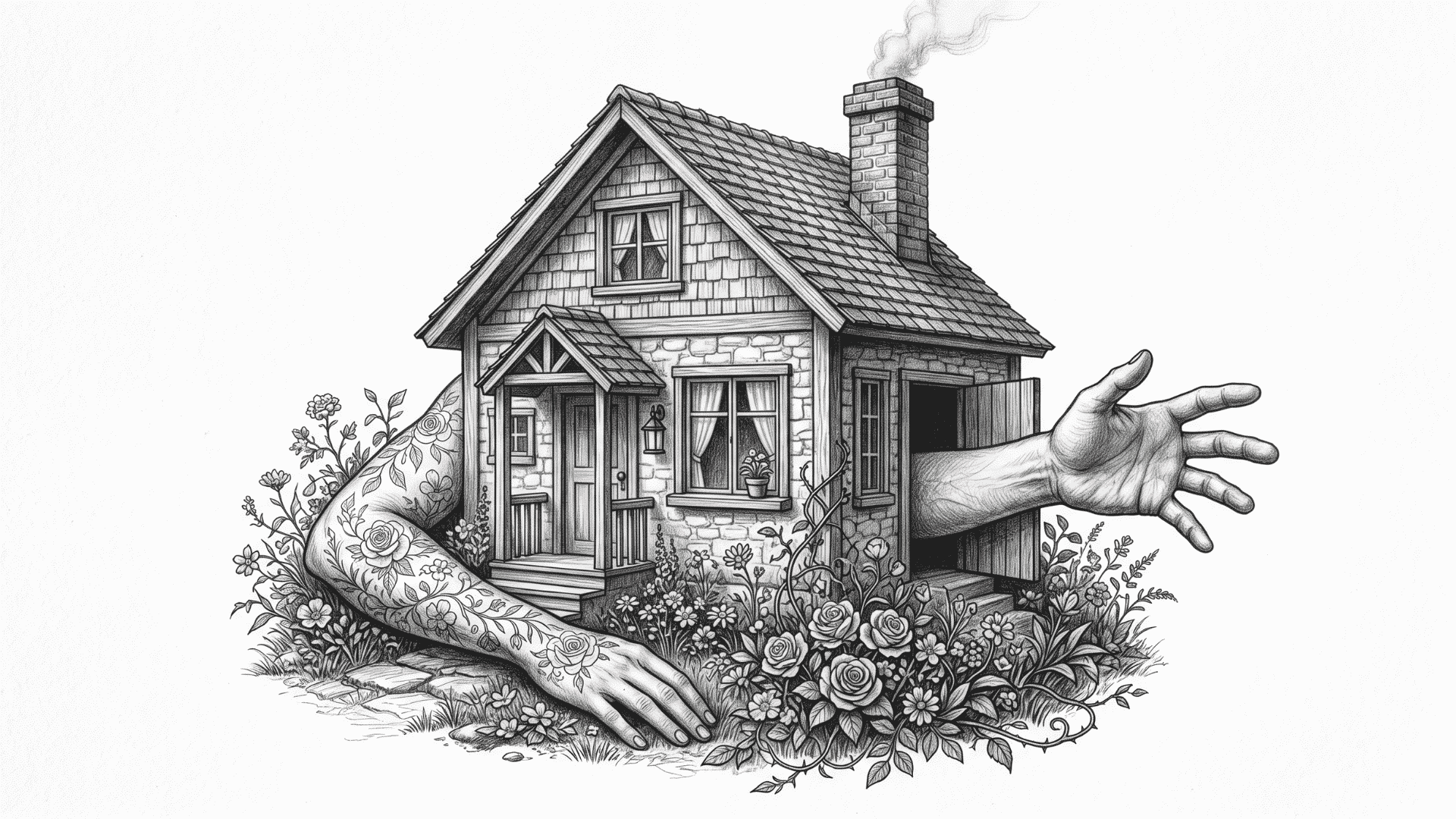 Surreal house drawing with human arms, flowers, and detailed pencil shading.